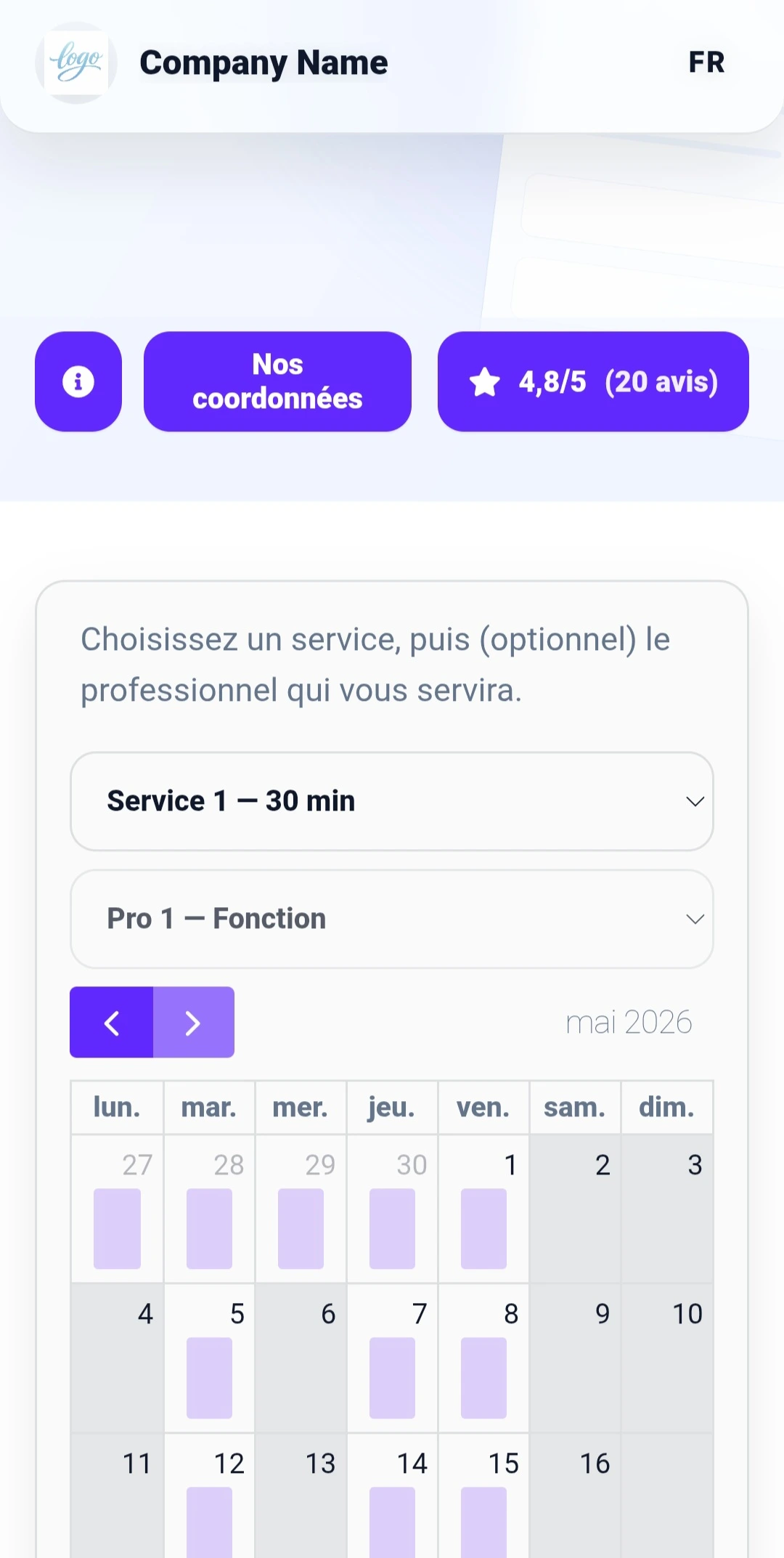 Parcours de réservation client sur RDVnow