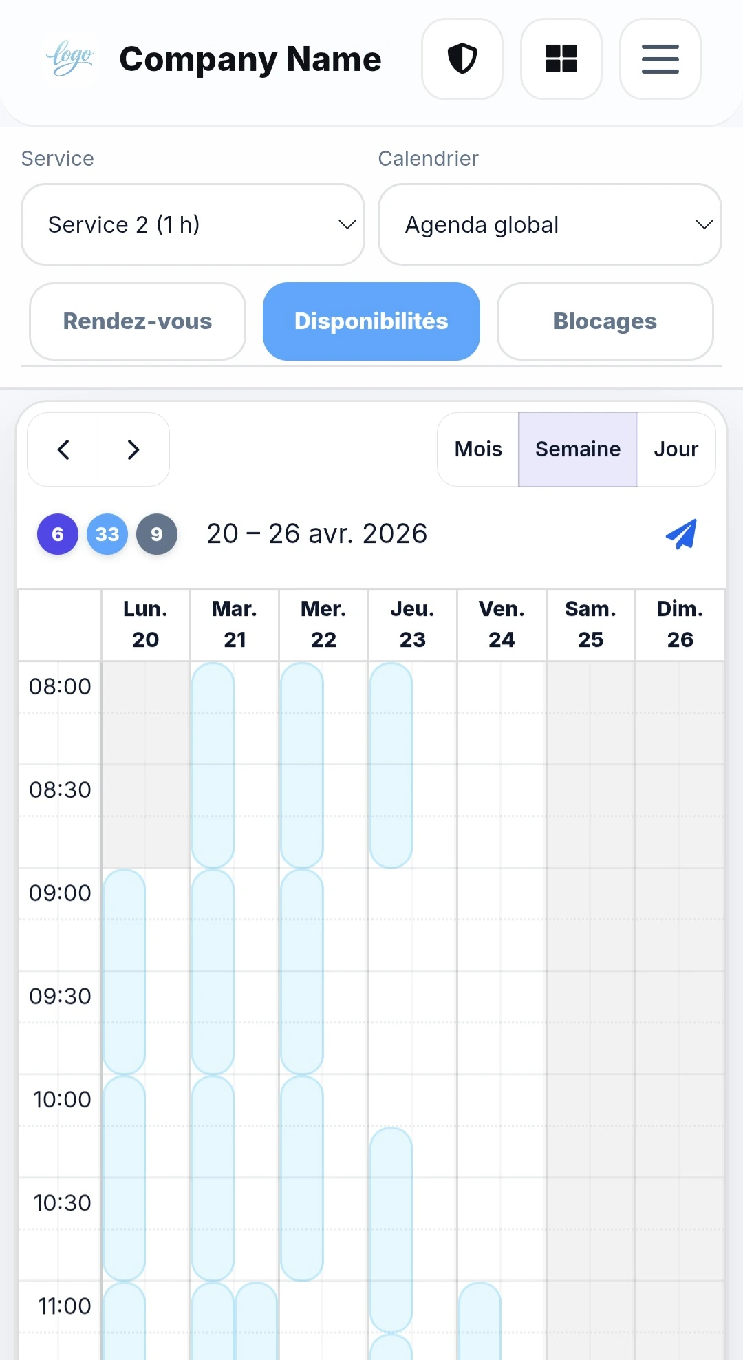 Vue de l’agenda interne sur RDVnow